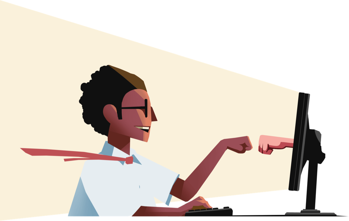 Fist bump through computer screen, illustration