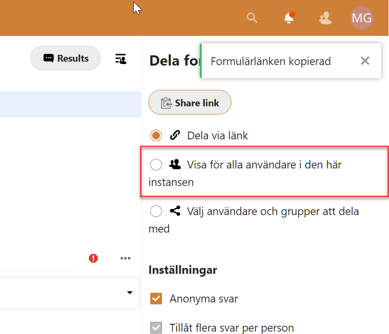 Settings to share forms, second radiobutton is marked.