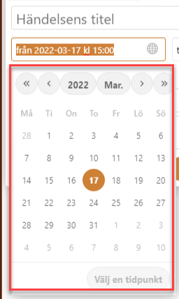 Datepicker, select date view is marked.