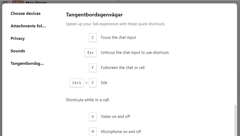 Modal with keyboard shortcuts for talk app.