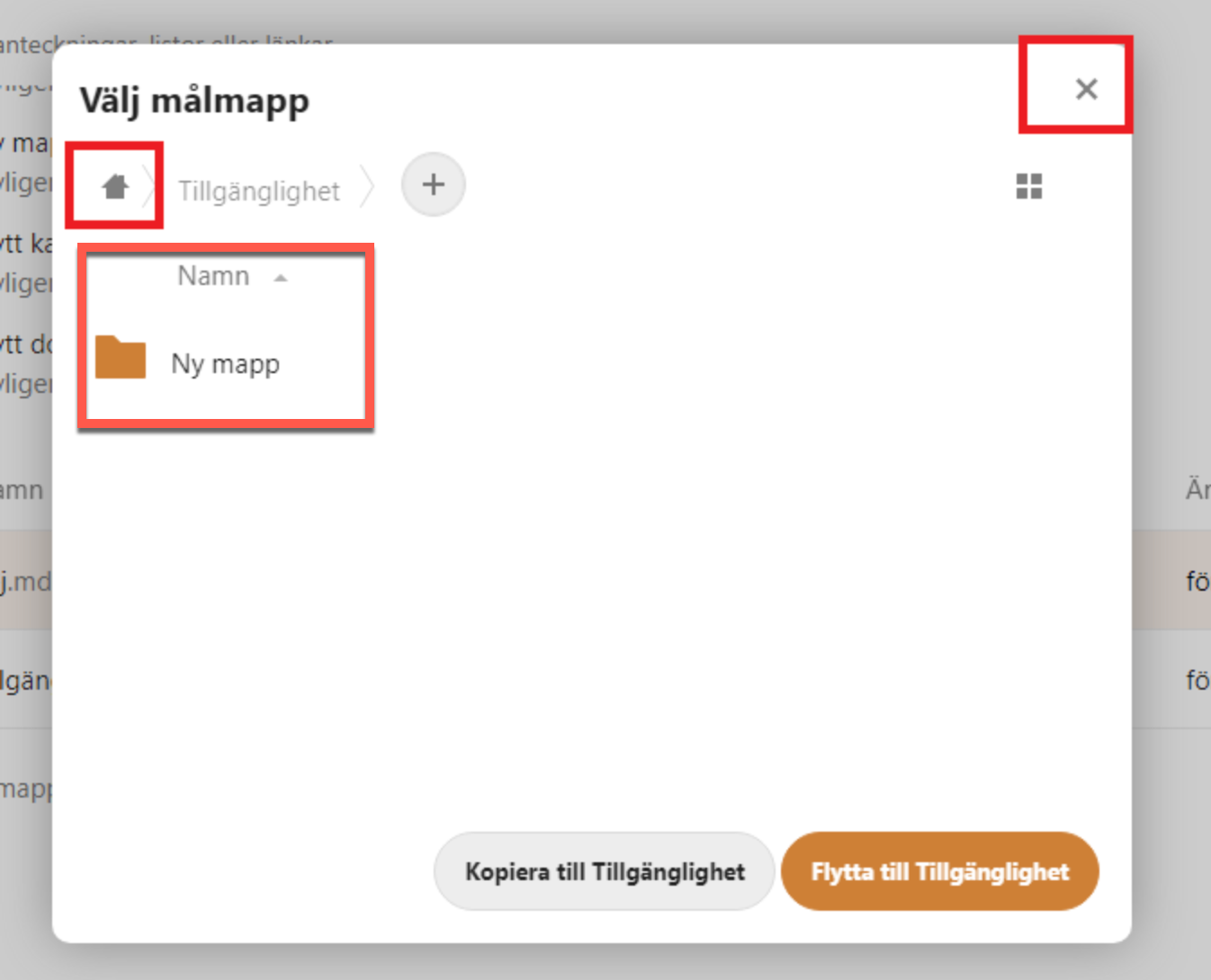 Modal to move or copy file, house and close button is marked.
