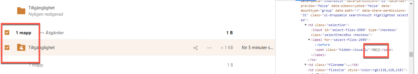 Checkmark in tabel is marked in files. 