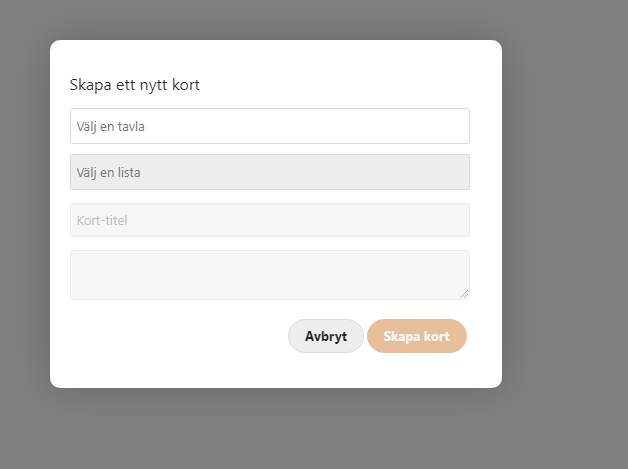 Create new card modal.
