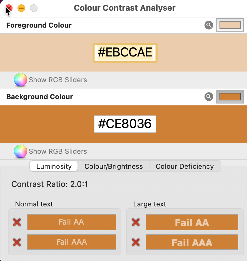 Screenshot from Colour Contrast Analyser showing failed contrast values.