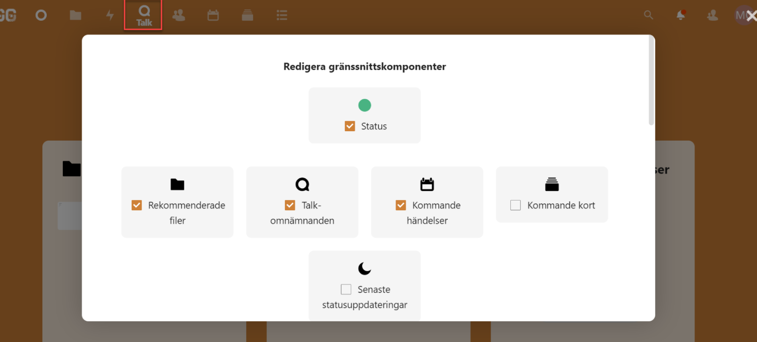 Modal for interface settings, content behind modal is marked.