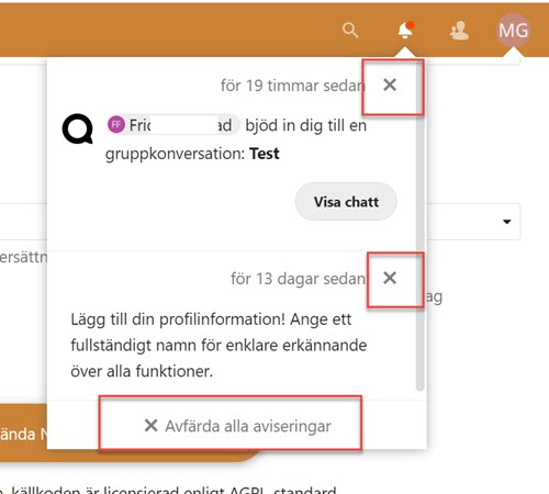 Close-buttons in the notification area are marked.