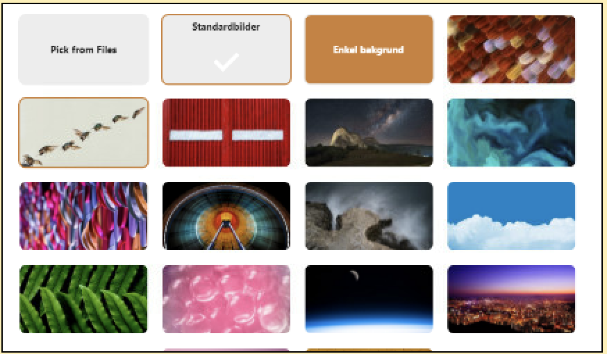 Images to change backgound in start settings.