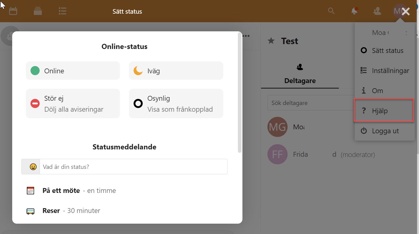 Online status modal, content behind modal is marked.