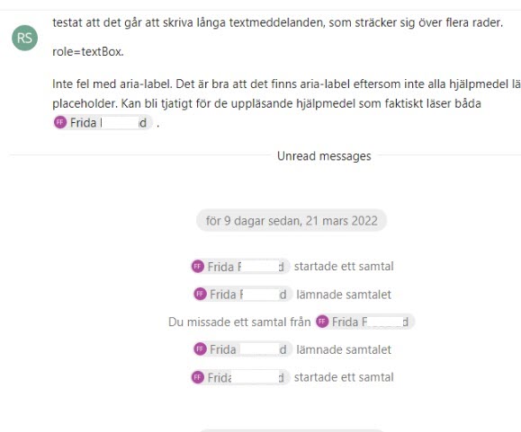 A chat message with an icon showing the name of the person who wrote it.