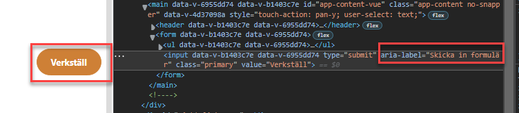 Button verkställ is marked, developer mode show the input tag in form. 
